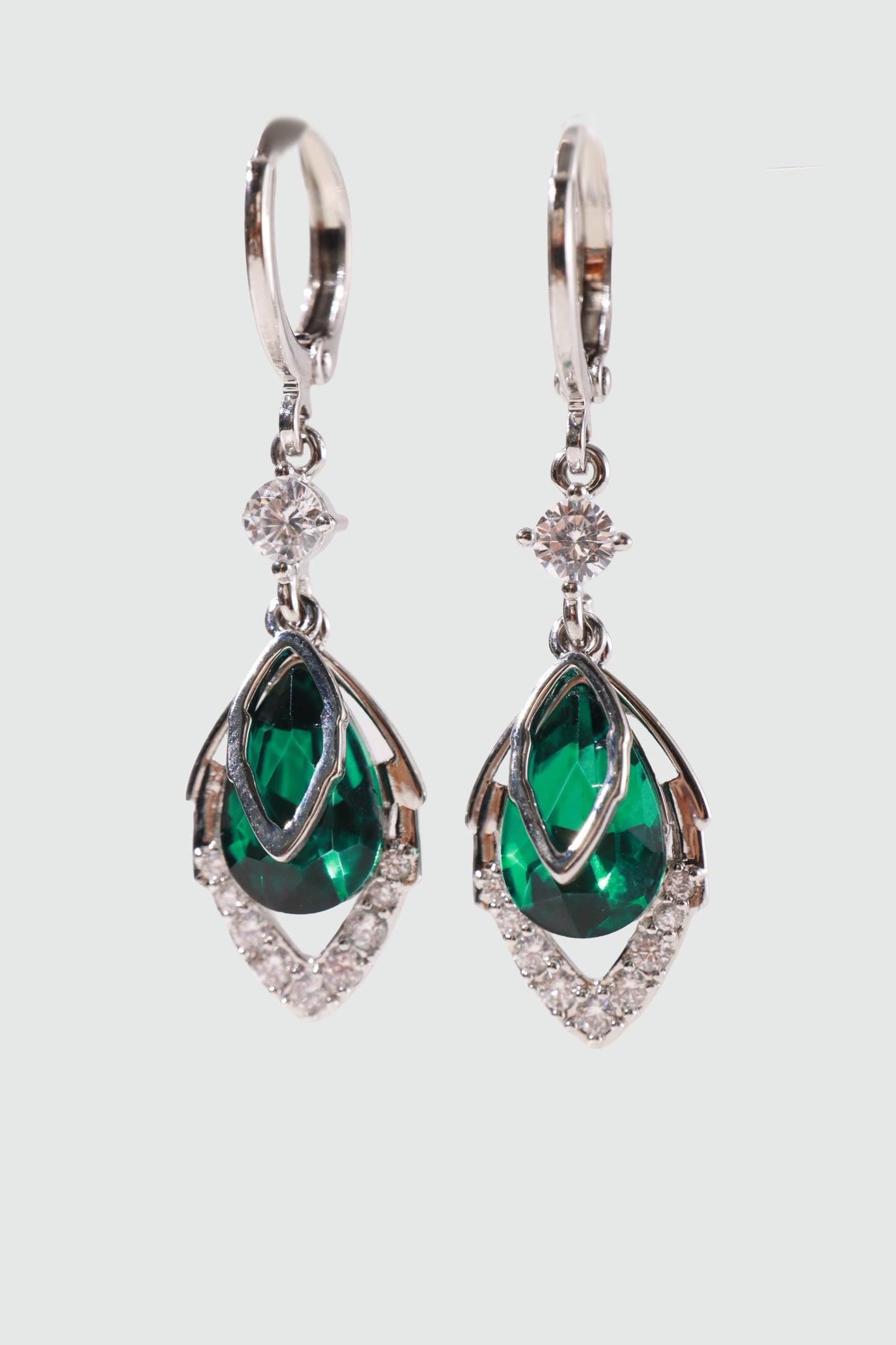 Palladium White Gold Plated Green Gem Droplet Earrings