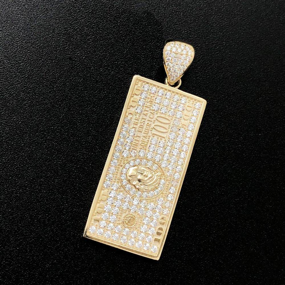 $100 Bill Vertical CZ 10K Yellow Gold Pendant
