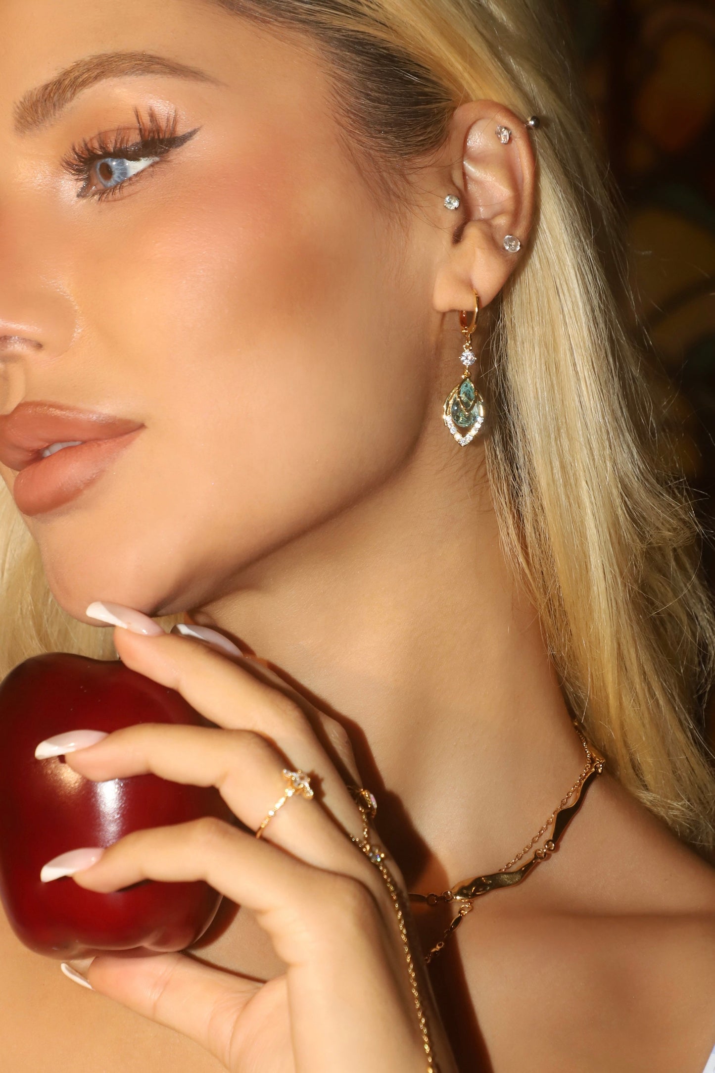 14K Real Gold Plated Blue Gem Droplet Earrings