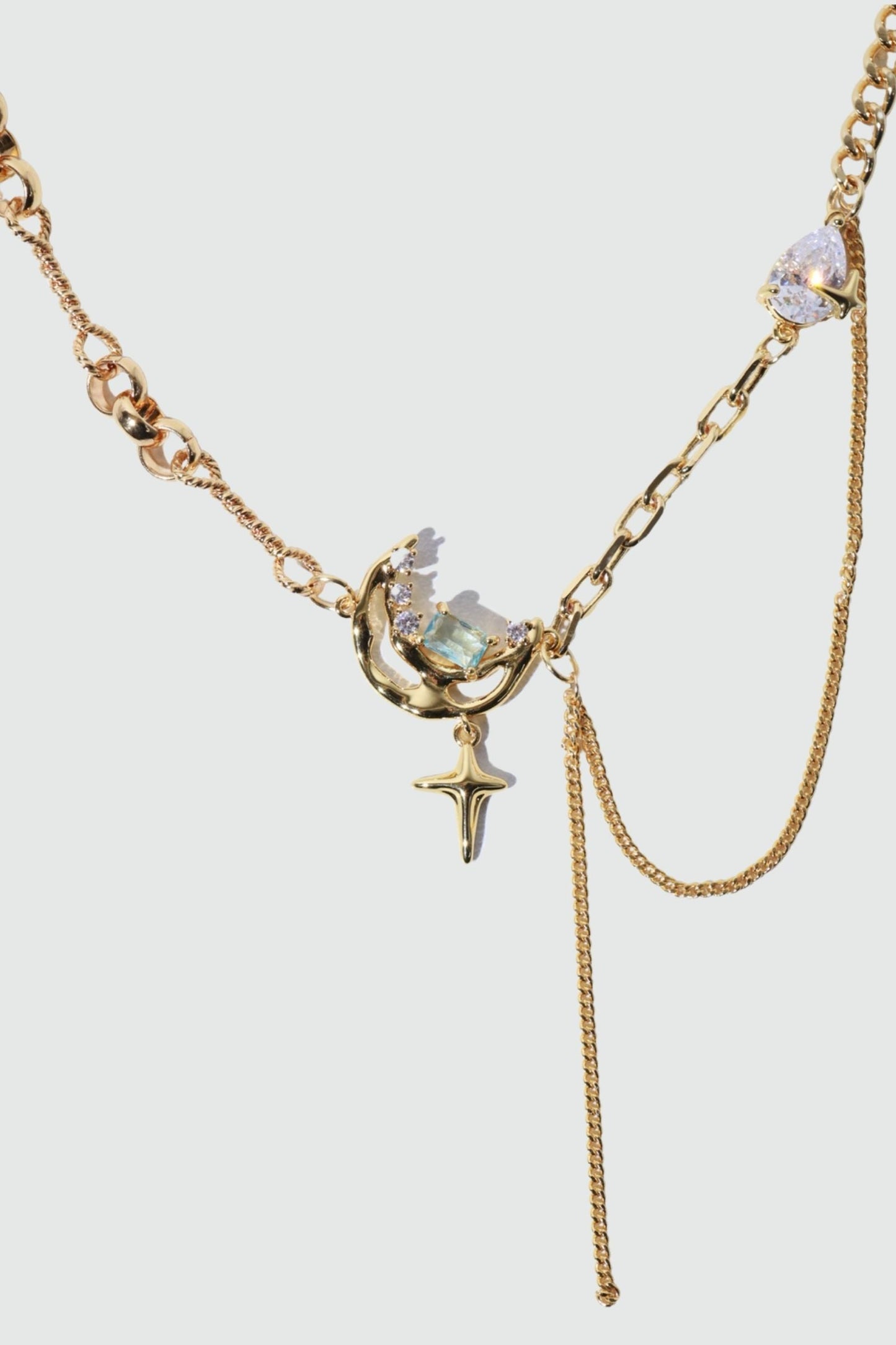 18K Real Gold Plated Blue Gem Moon Star Necklace