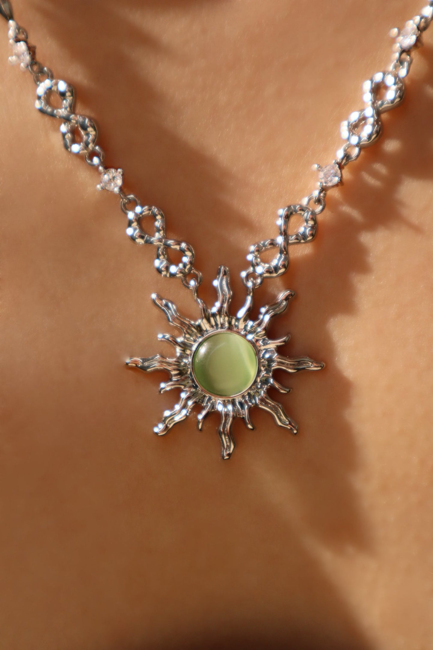Palladium White Gold Plated Green Opal Sun Necklace