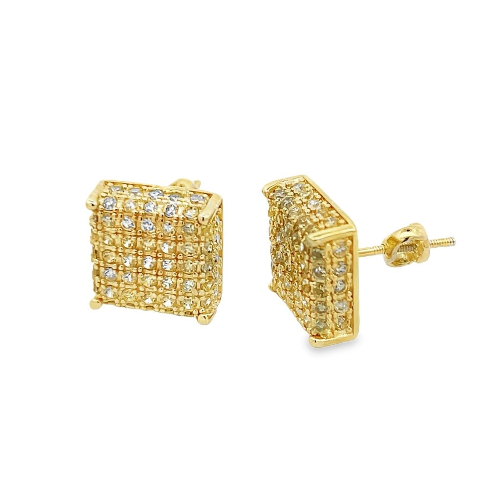 3D Cube Canary Gold CZ Earrings .925 Sterling Silver