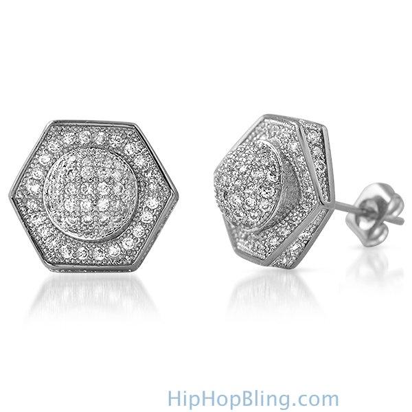 3D Domed Hexagon Rhodium CZ Hip Hop Earrings