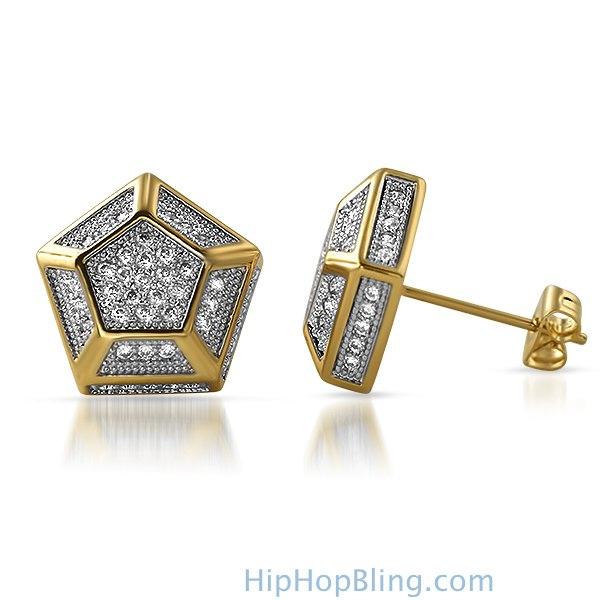 3D Pentagon Gold CZ Bling Bling Earrings