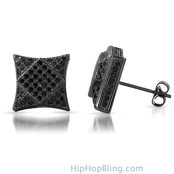 3D Square in Kite Black CZ Micro Pave Bling Earrings