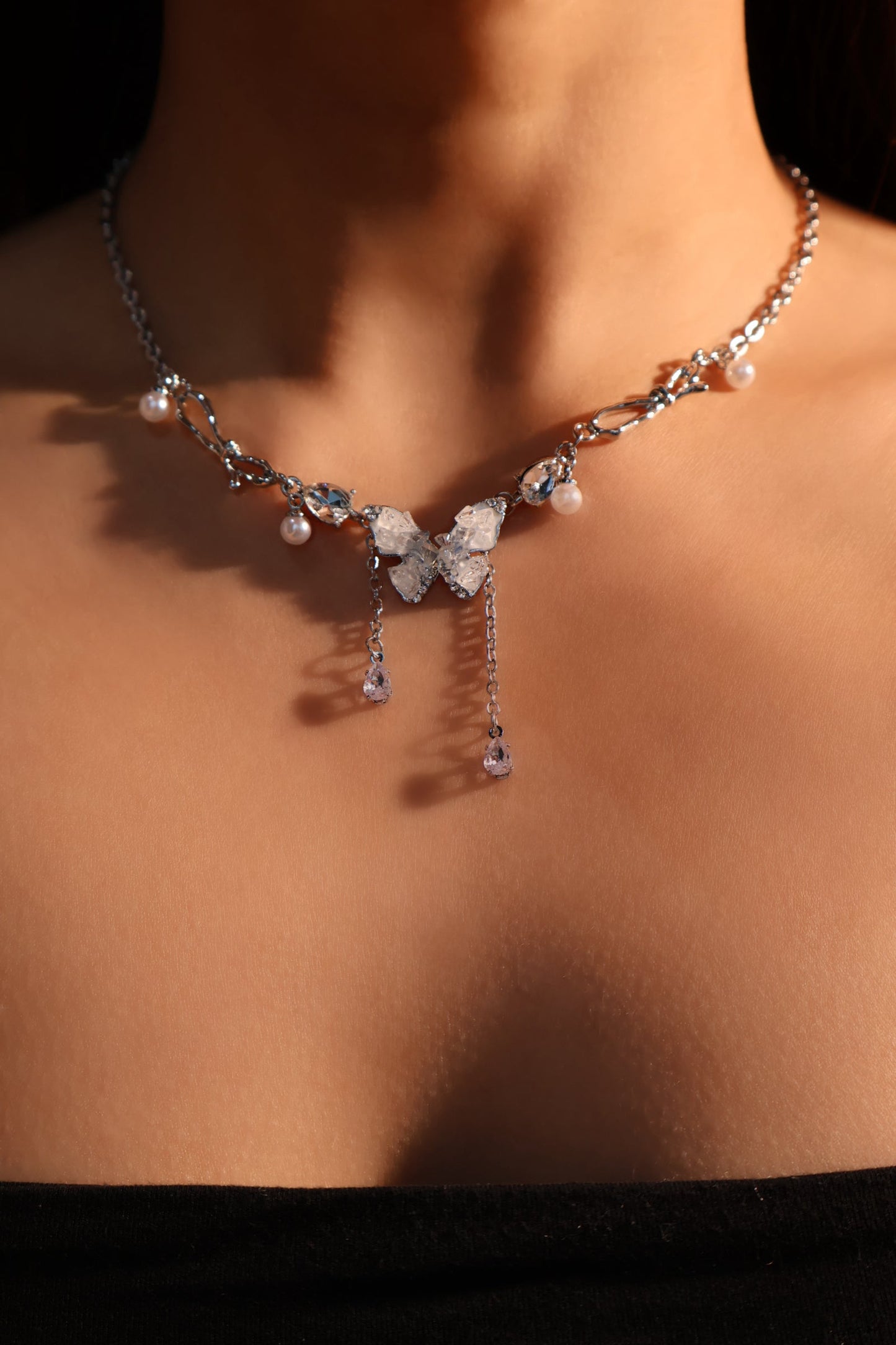 Palladium White Gold Plated Blue Crystal Butterfly Necklace