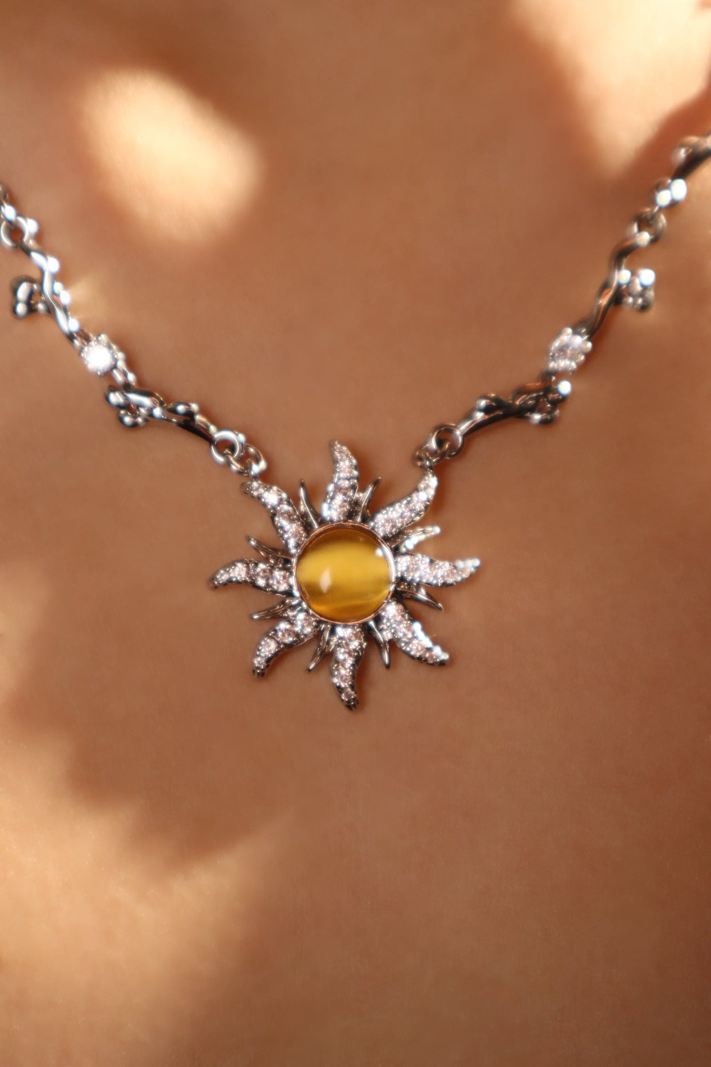 Palladium White Gold Plated Orange Opal Sun Necklace