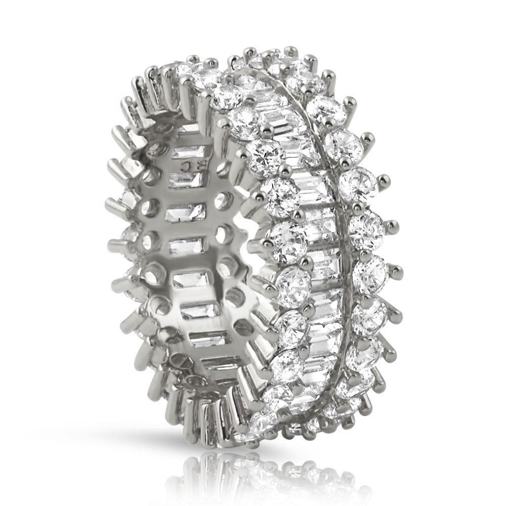 .925 Silver Baguettes CZ Chunky Ice Eternity Bling Ring in Rhodium