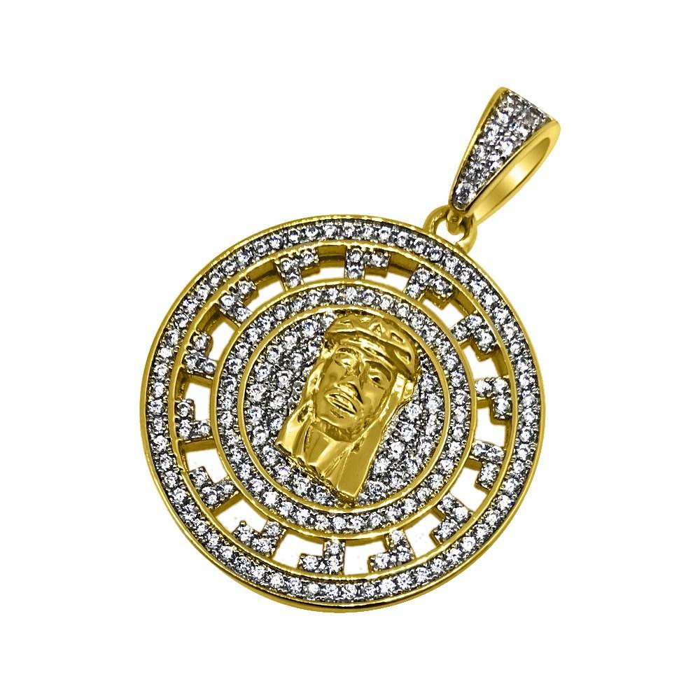 .925 Silver Jesus Greek Pattern CZ Circle Pendant