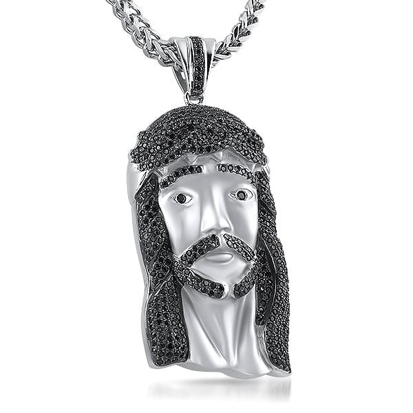 .925 Sterling Silver Large Jesus Piece Black Stones
