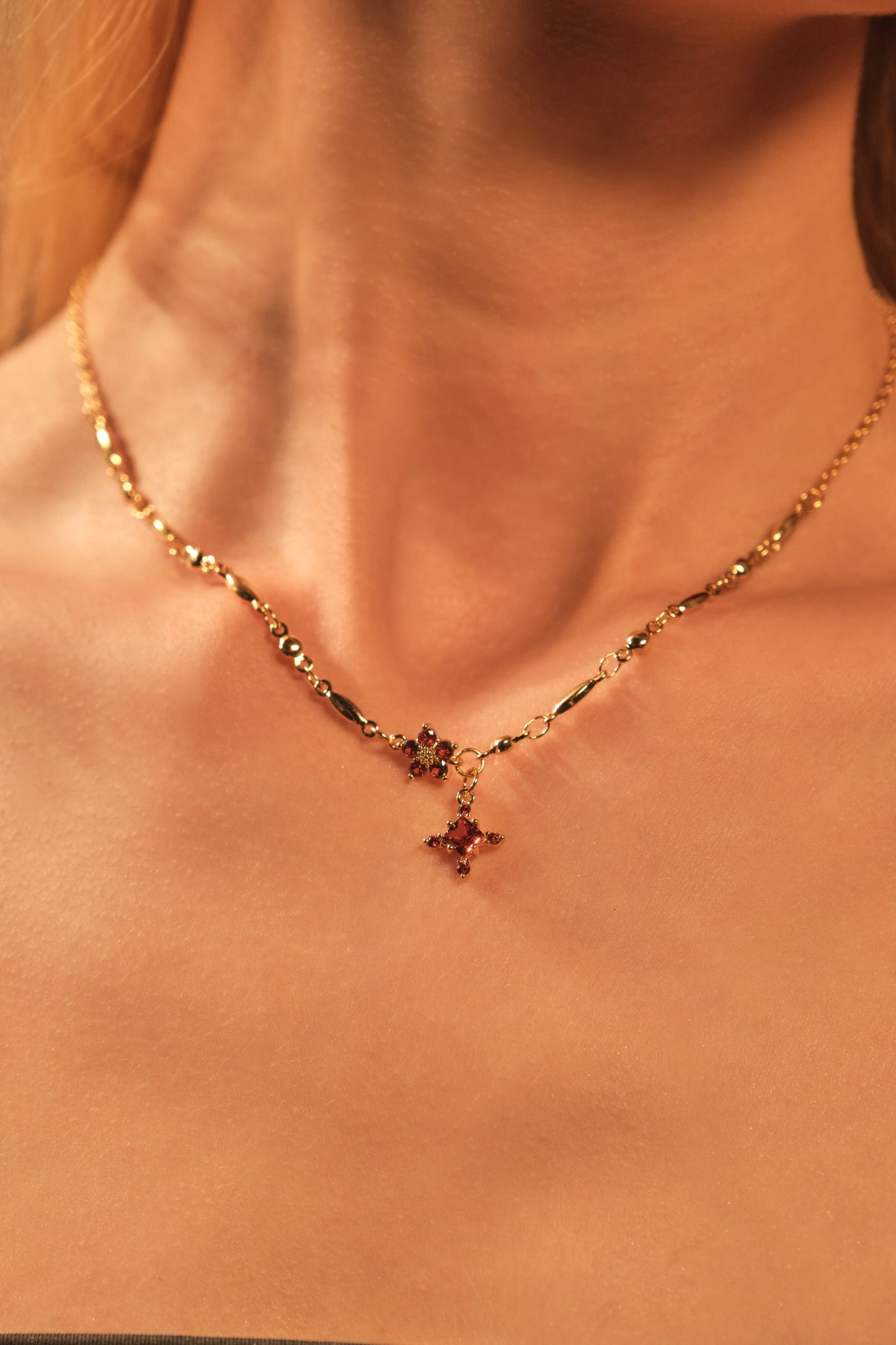 18K Real Gold Plated Garnet Starlight Cross Necklace