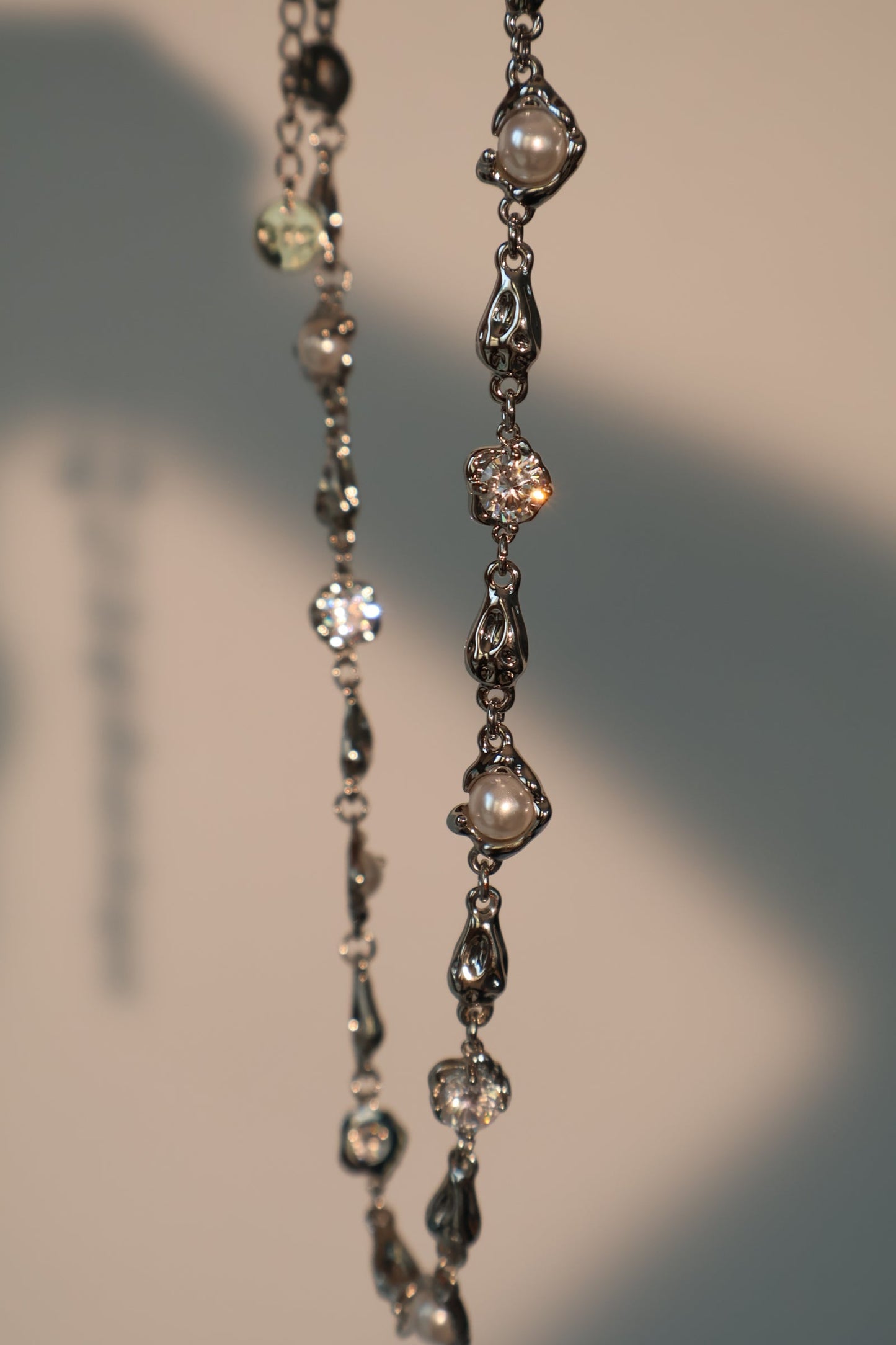 Palladium White Gold Plated Multi Diamond Pearl Necklace