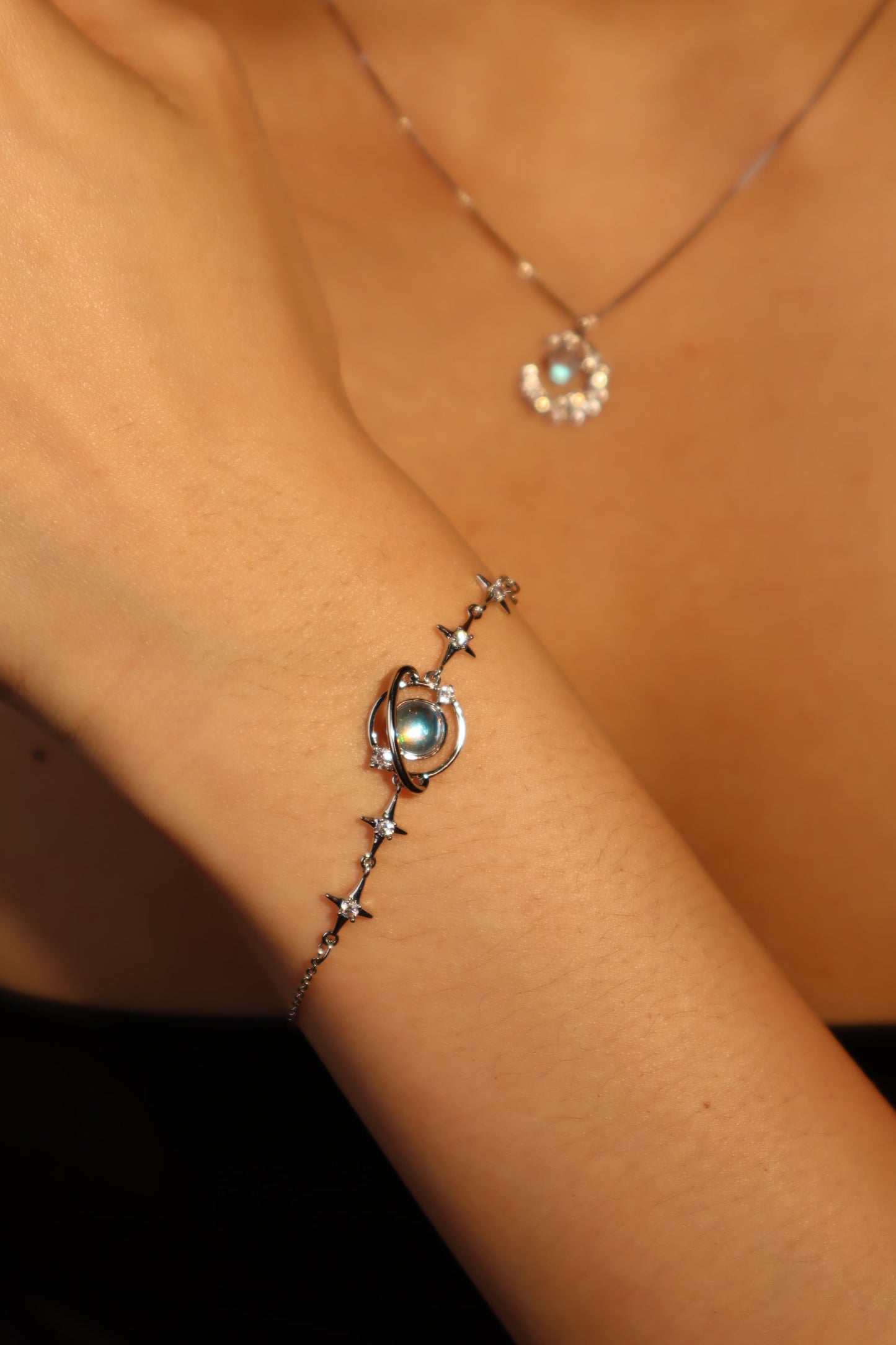 Palladium White Gold Plated Moonstone Saturn Star Bracelet