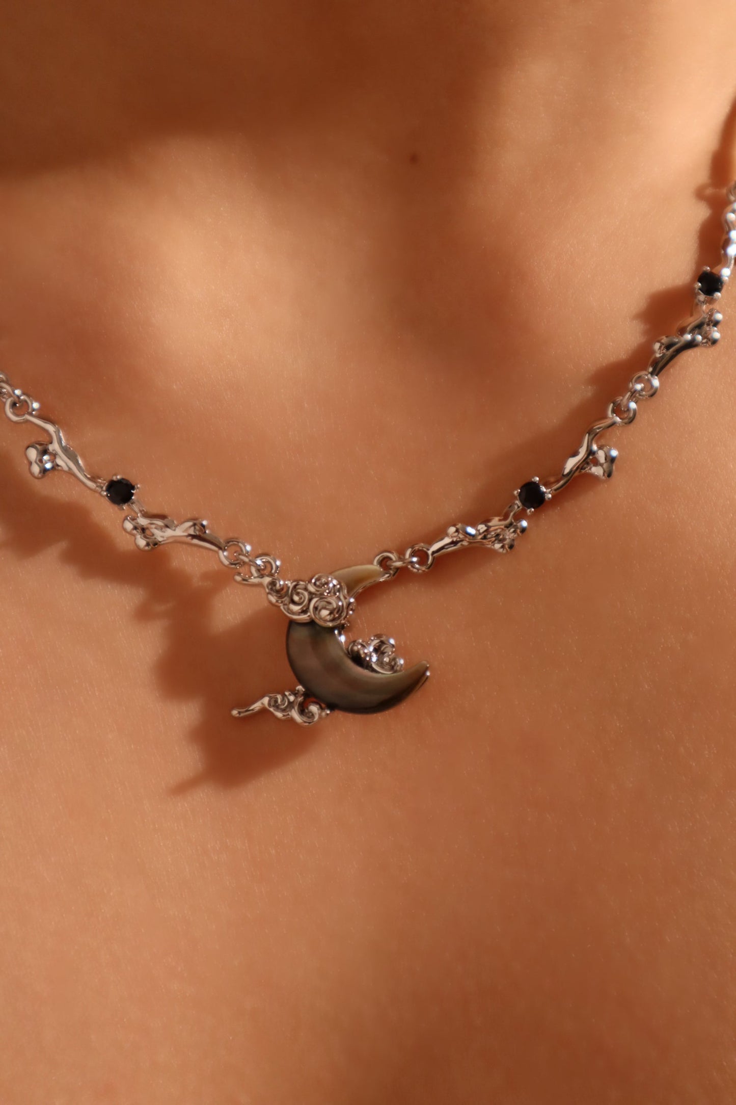 Palladium White Gold Plated Black Shell Moon Necklace
