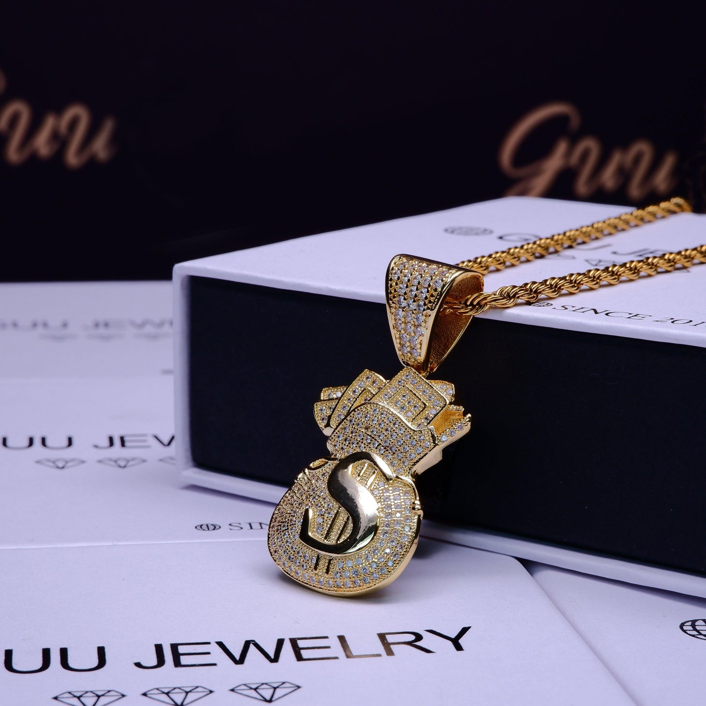 2020 18K Gold-Plated Dollar Money Bag BlingBling Pendant