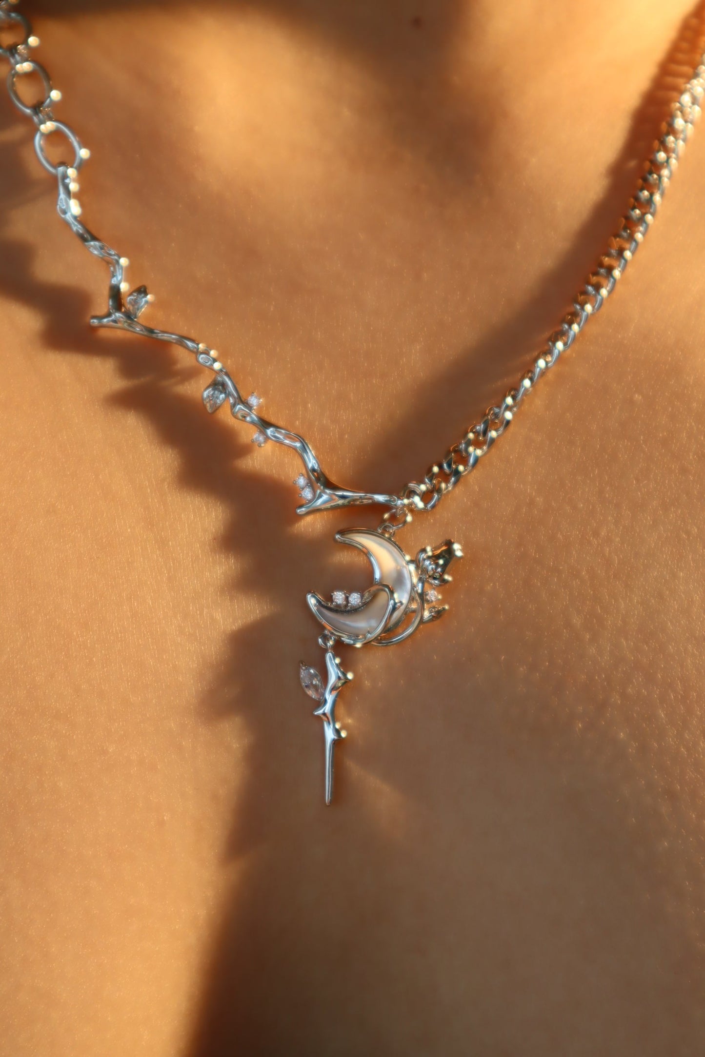 Palladium White Gold Plated Rose Moon Necklace