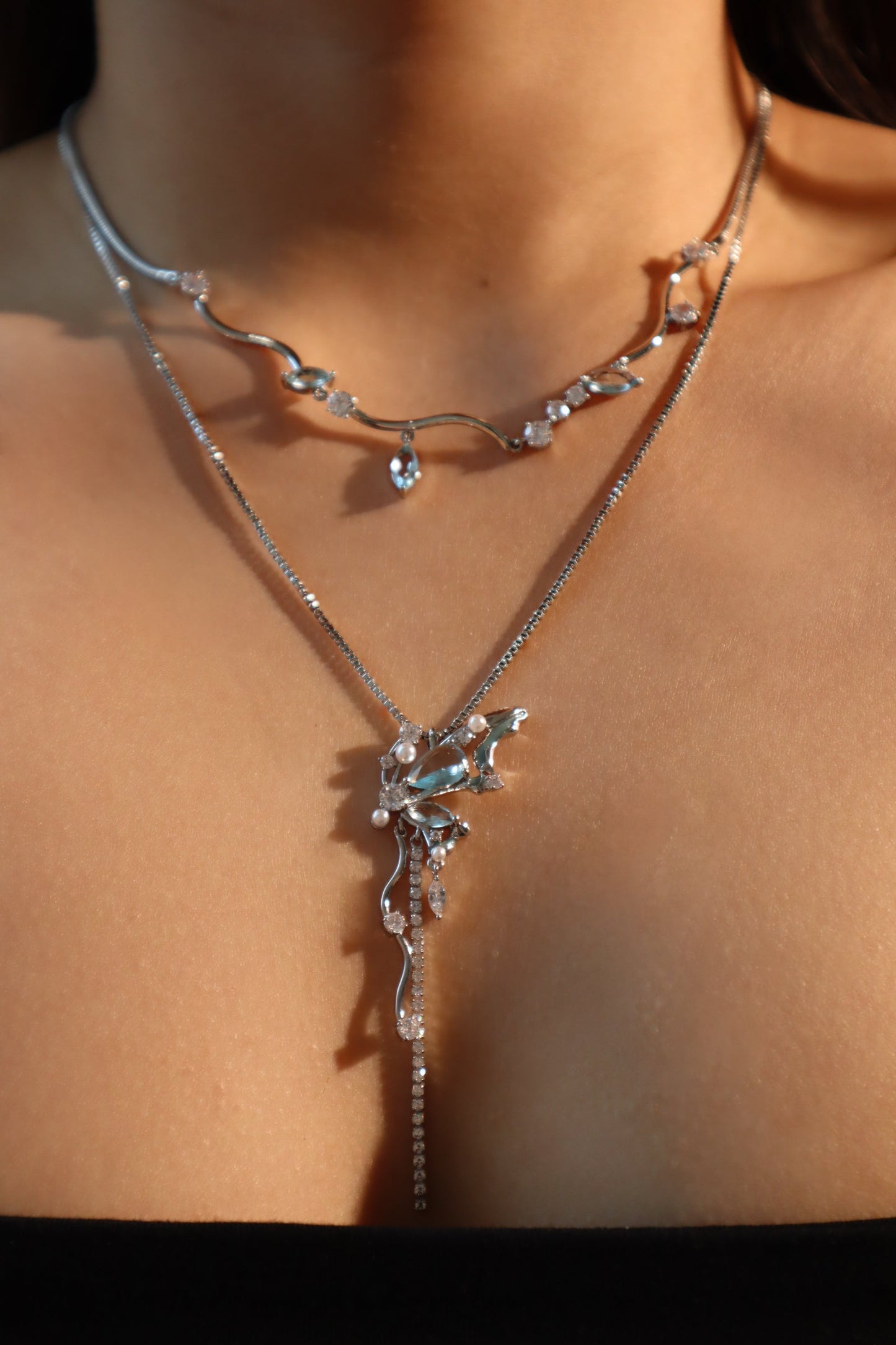 Palladium White Gold Plated Blue Gem Diamonds Necklace