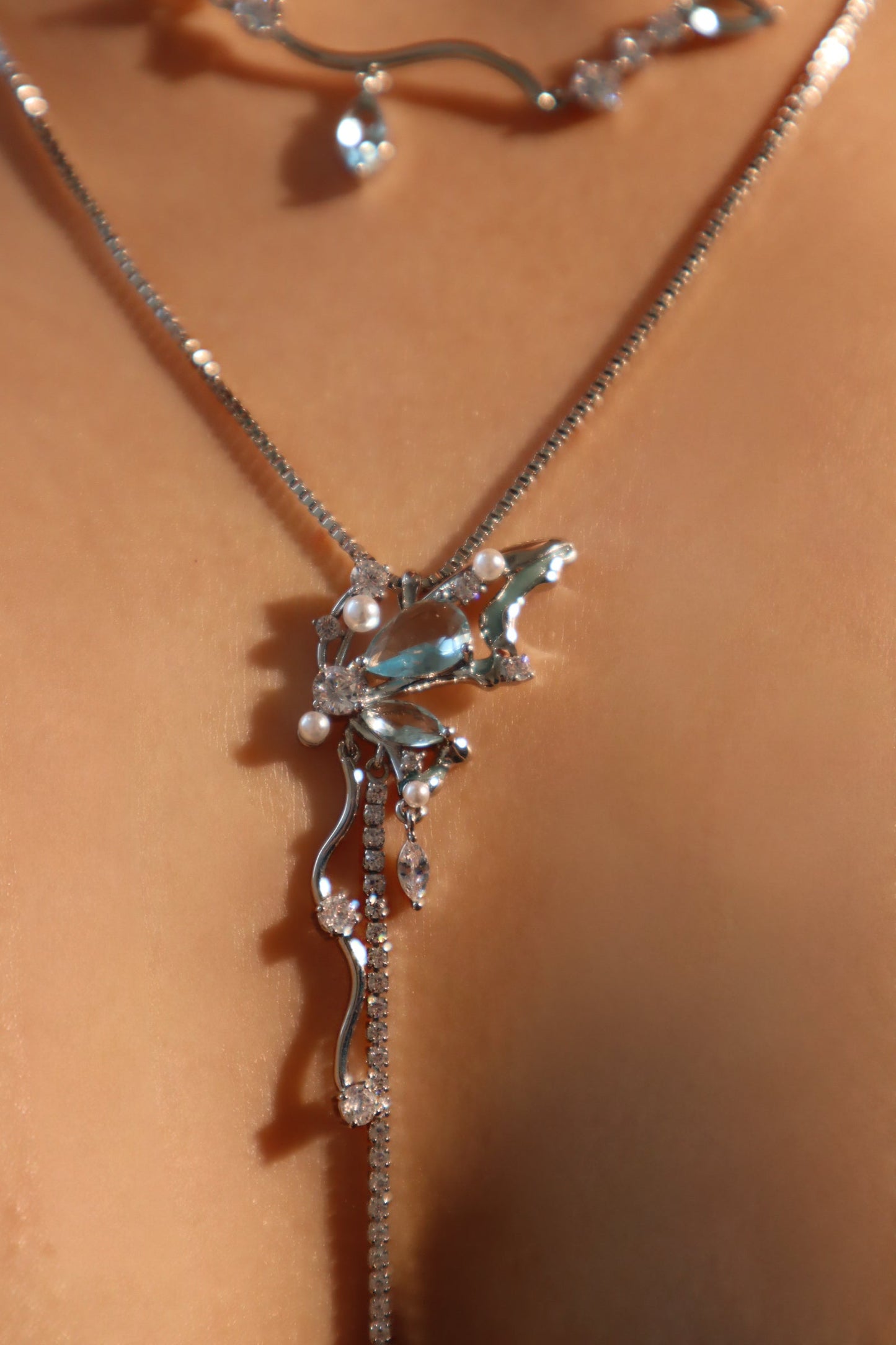 Palladium White Gold Plated Blue Gem Butterfly Necklace