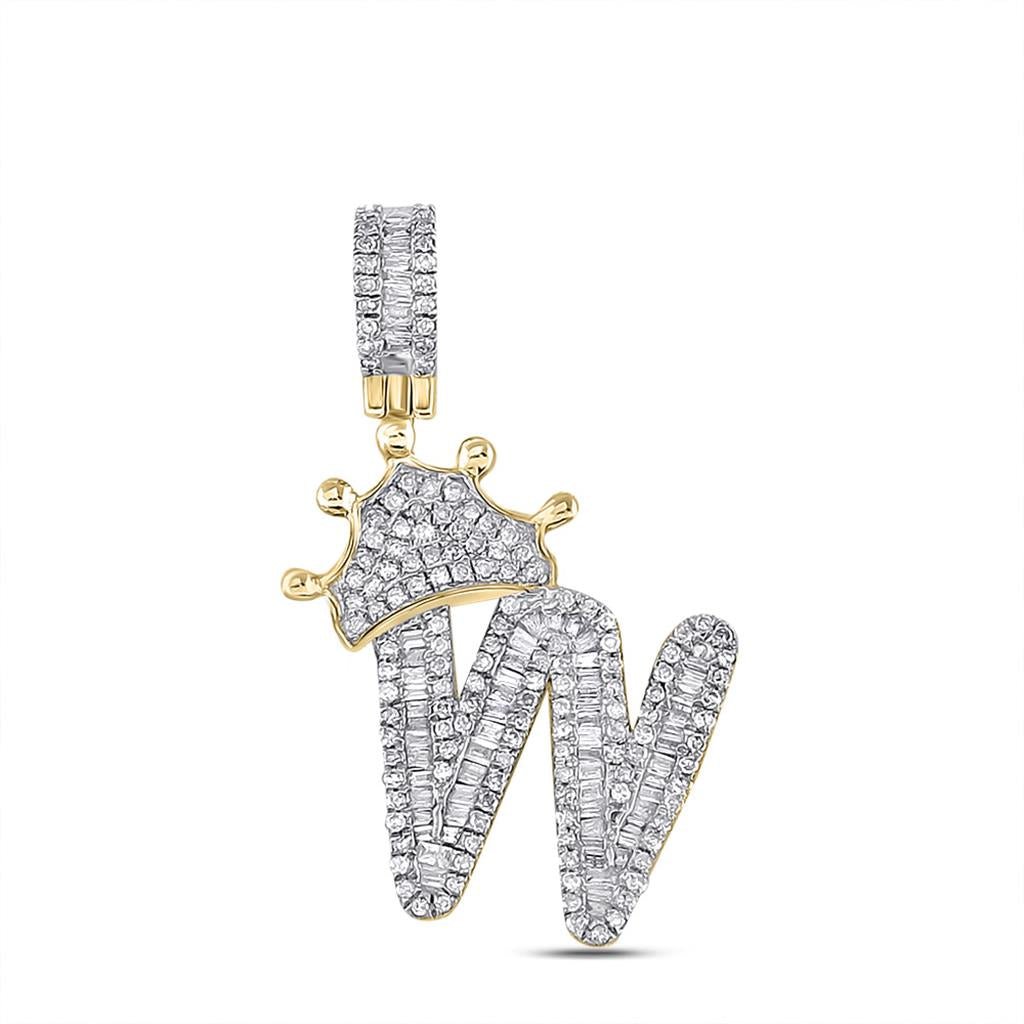 A-Z Crown Letter Initial Baguette Diamond Pendant 10K Yellow Gold