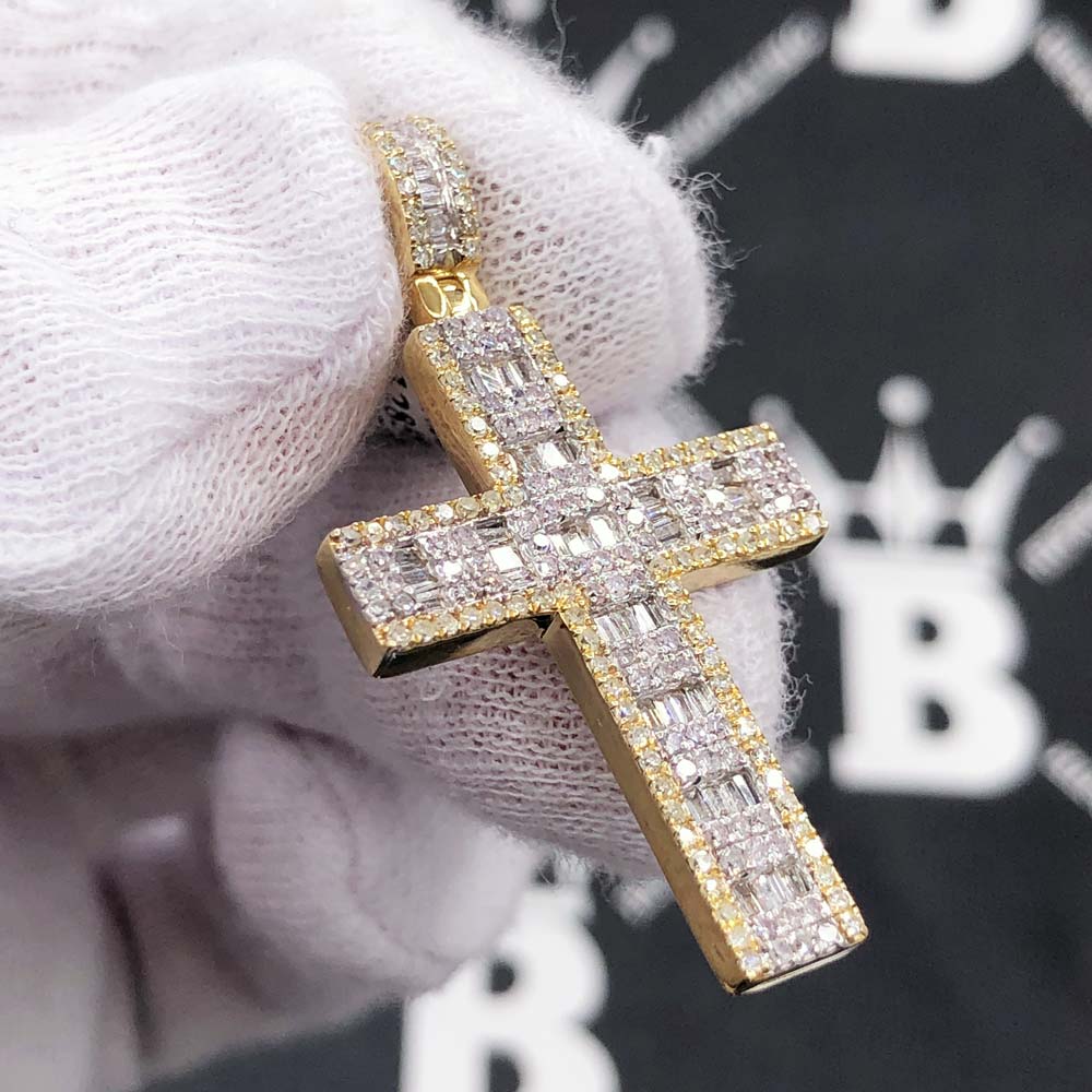 Baguette Block Cross Diamond Pendant 1.05cttw 10K Yellow Gold
