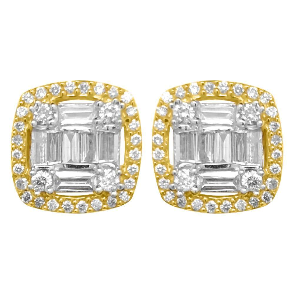 Baguette Cushion Cluster Diamond Earrings .80cttw 10K Yellow Gold