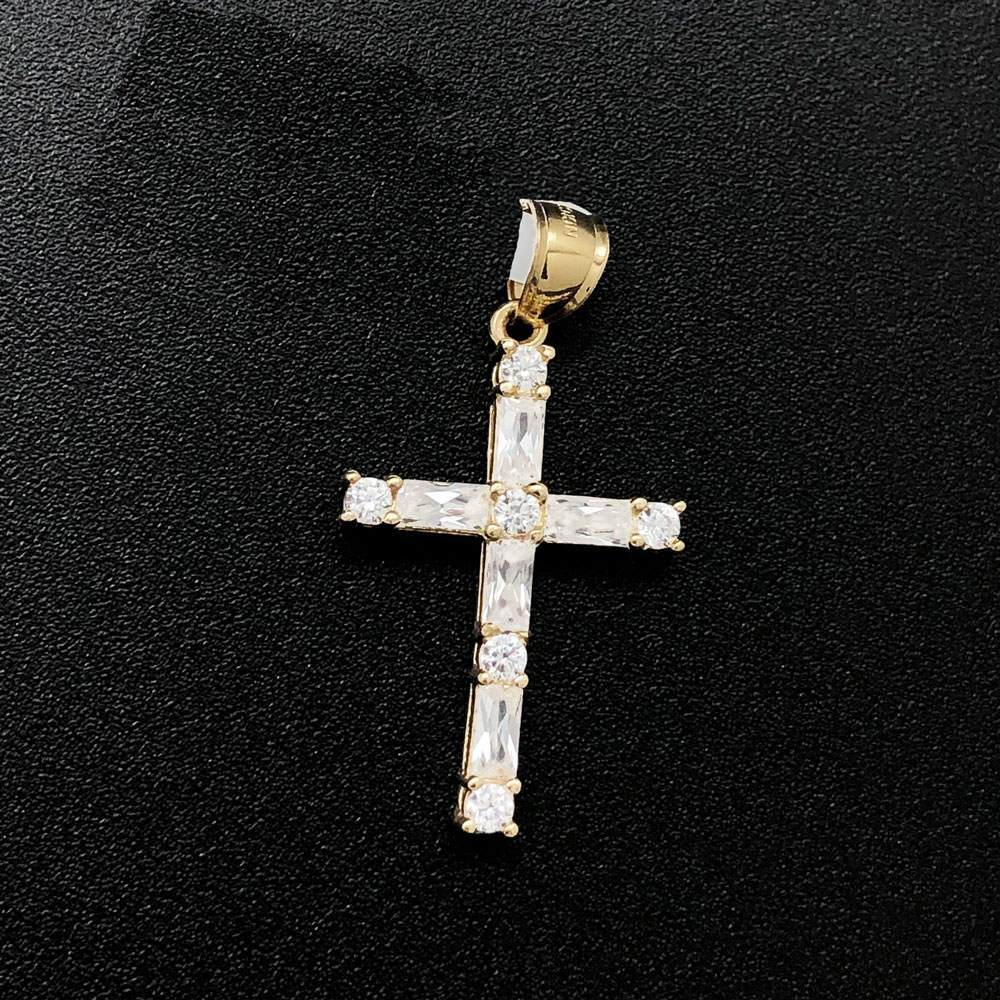 Baguette & Round CZ Tennis Cross 10K Yellow Gold Pendant