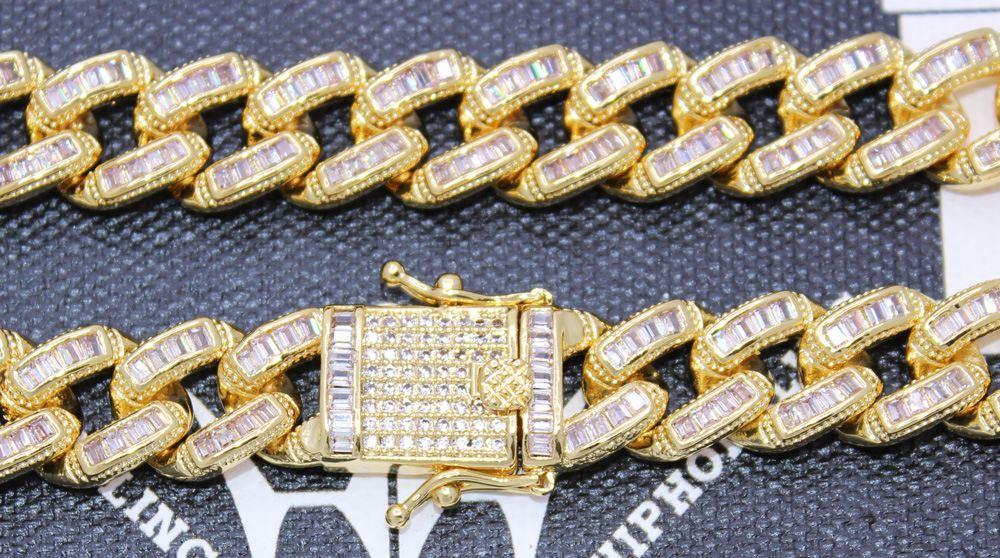 Baguette Stones Cuban Chain 11MM Wide White / Yellow Gold