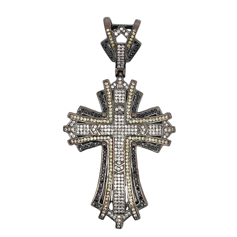 Black Baller Yellow Black & White CZ Cross Iced Out Pendant