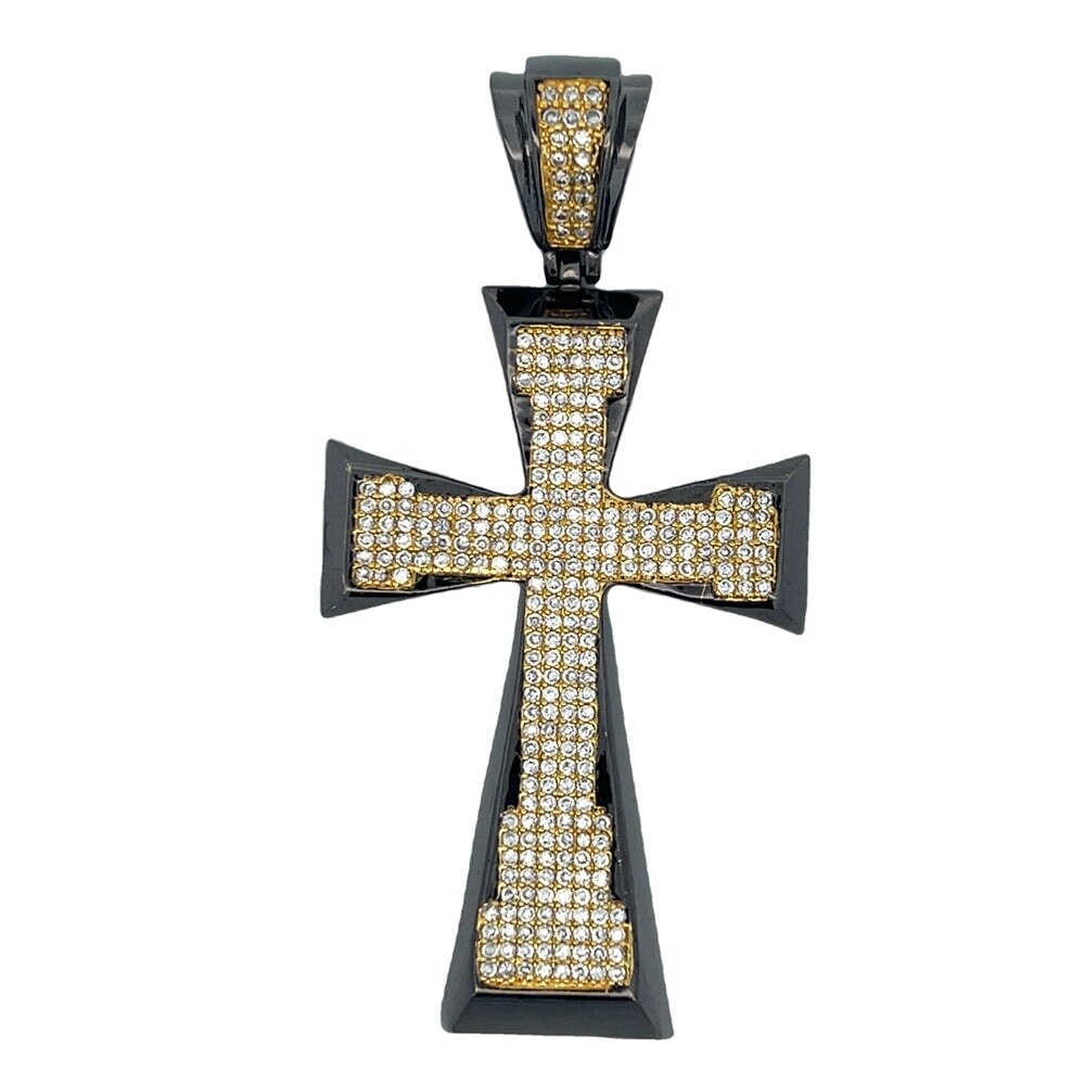 Black & Gold Tapered CZ Cross Iced Out Pendant