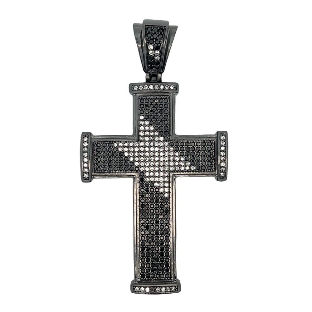 Black Stripe Cross White & Black CZ Iced Out Pendant