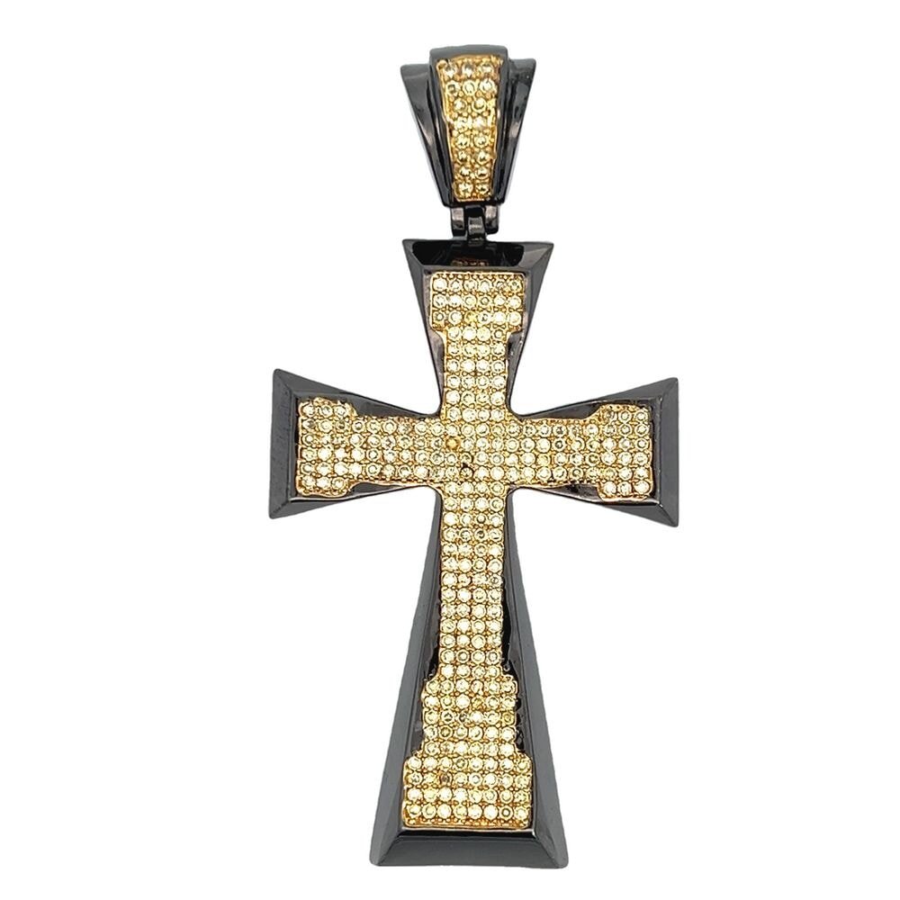 Black Tapered Cross Canary Yellow CZ Iced Out Pendant