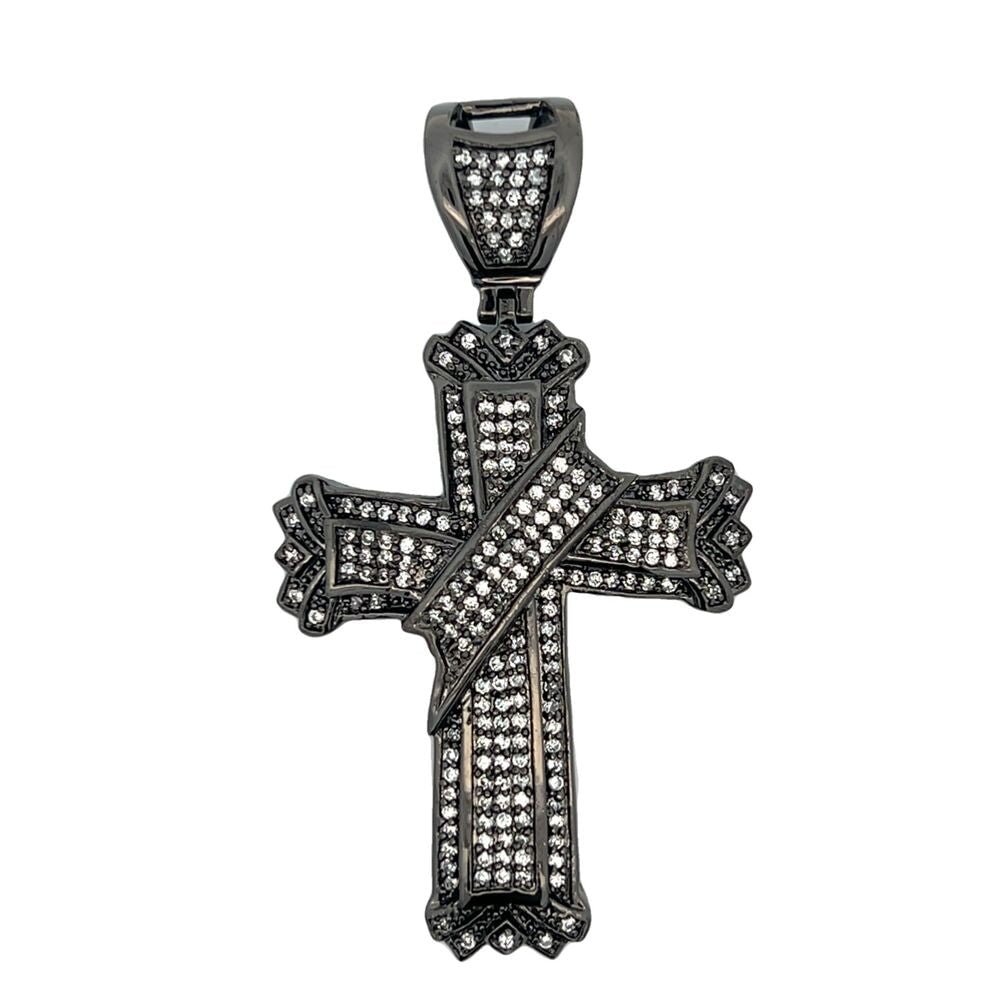 Black Thick Ribbon Cross CZ Iced Out Pendant