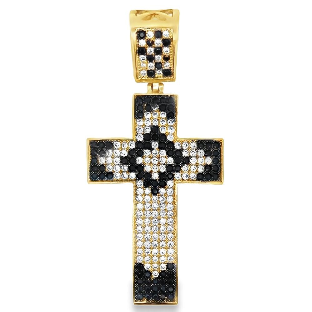 Black & White Pattern CZ Iced Out Gold Cross Pendant