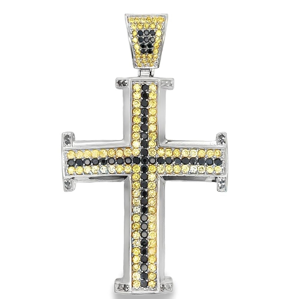 Black & Yellow CZ Iced Out Cross Potent Pendant
