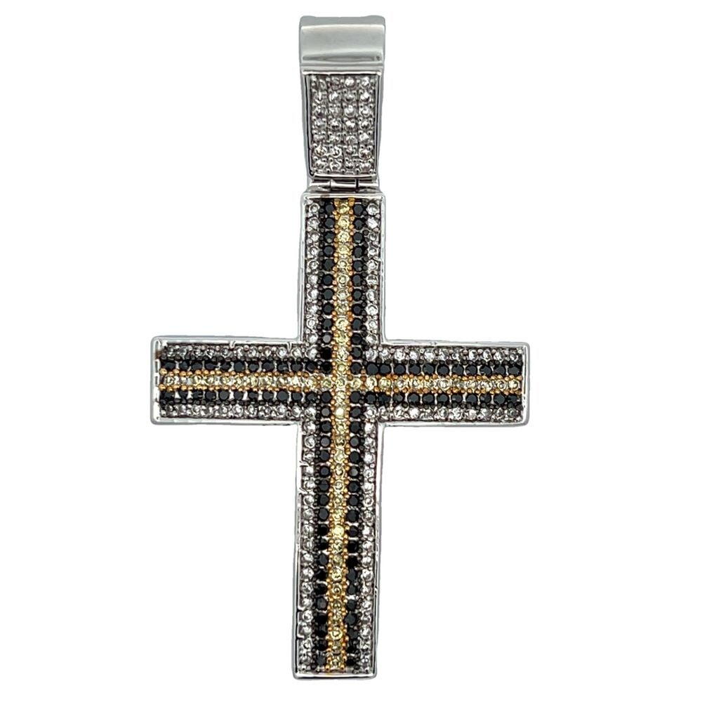 Black Yellow & White Stripe Cross CZ Iced Out Pendant