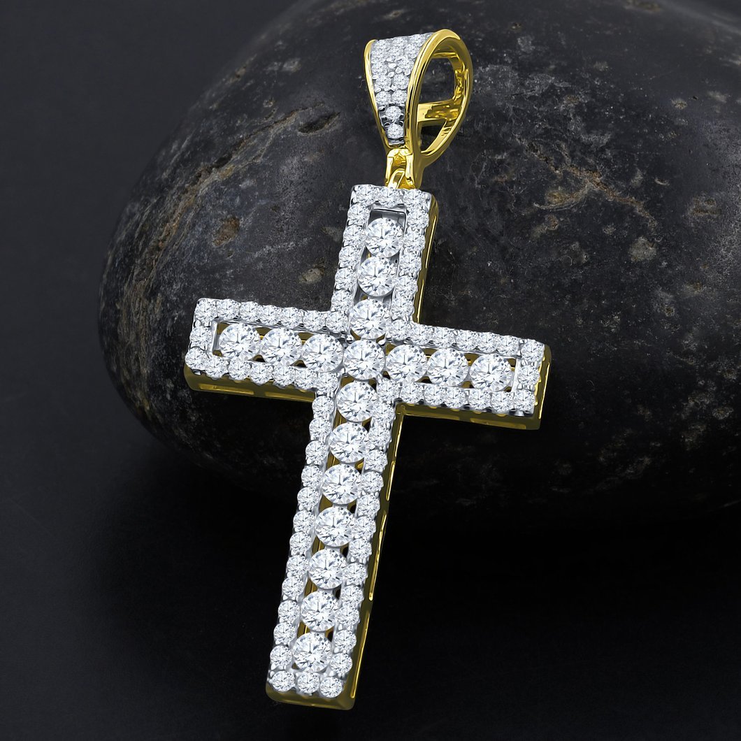 Channel Set Center Cross CZ Iced Out Pendant .925 Sterling Silver