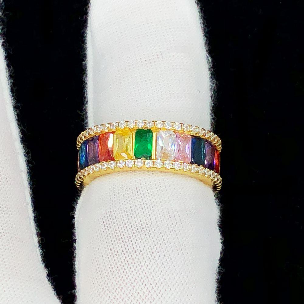 Colorful Baguette Eternity Gold Iced Out Ring .925 Sterling Silver