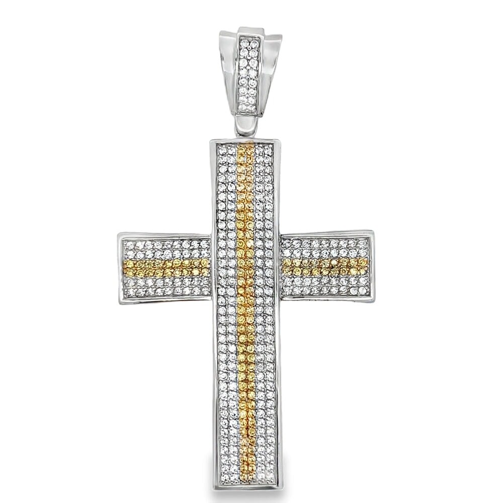 Concave 6 Row White Yellow Cross CZ Pendant .925 Sterling Silver