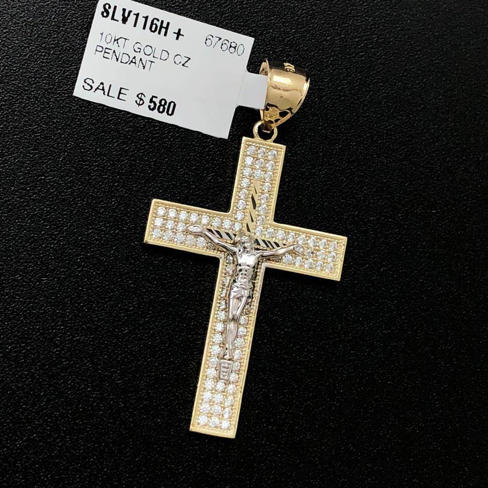 Crucifix Jesus Medium Cross CZ 10K Yellow Gold Pendant