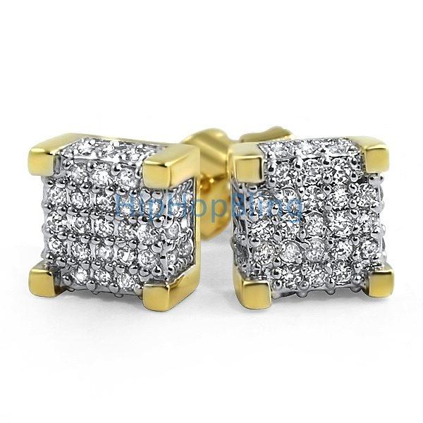 Custom 3D Cube Gold CZ Bling Bling Earrings