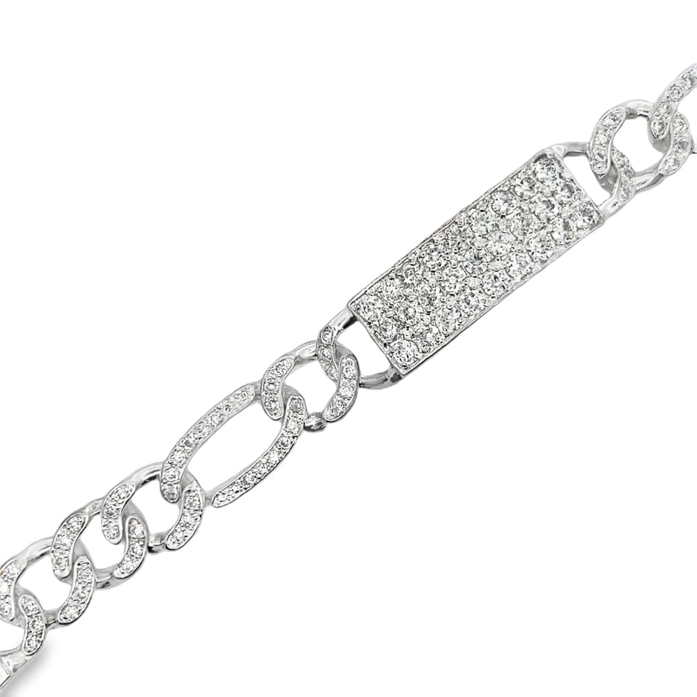 CZ Iced Out Figaro ID Bracelet .925 Sterling Silver