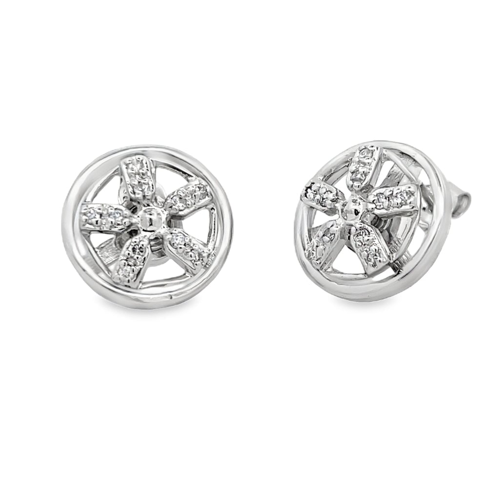 CZ Spinning Wheel 5 Spoke Rim Earrings .925 Sterling Silver