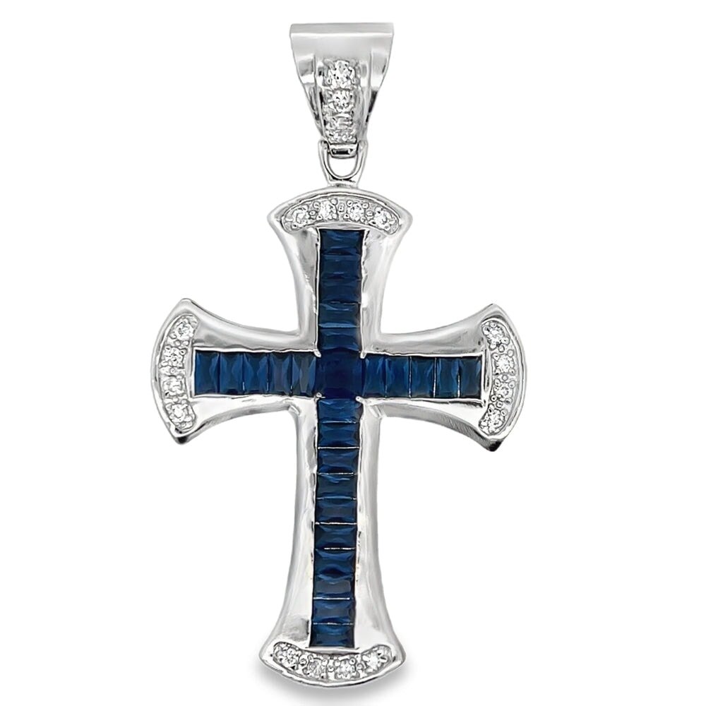 Designer Cross Blue CZ Pendant .925 Sterling Silver