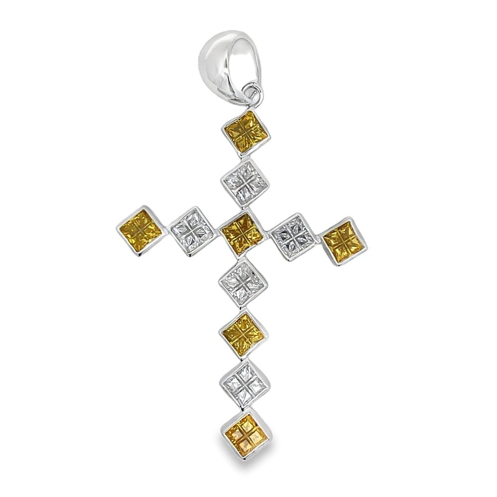 Diagonal Tennis Cross Canary & White CZ Pendant .925 Sterling Silver