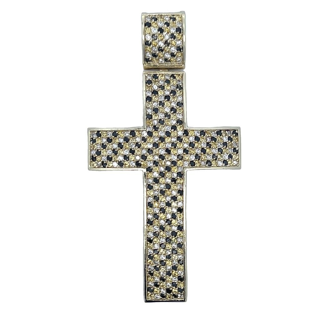 Diagonal White & Black & Yellow CZ Cross Iced Out Pendant