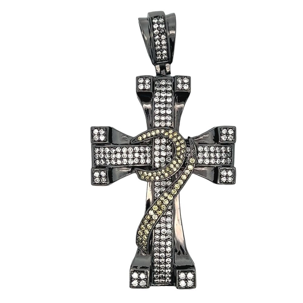 Dimensional White & Yellow CZ Iced Out Black Cross Pendant