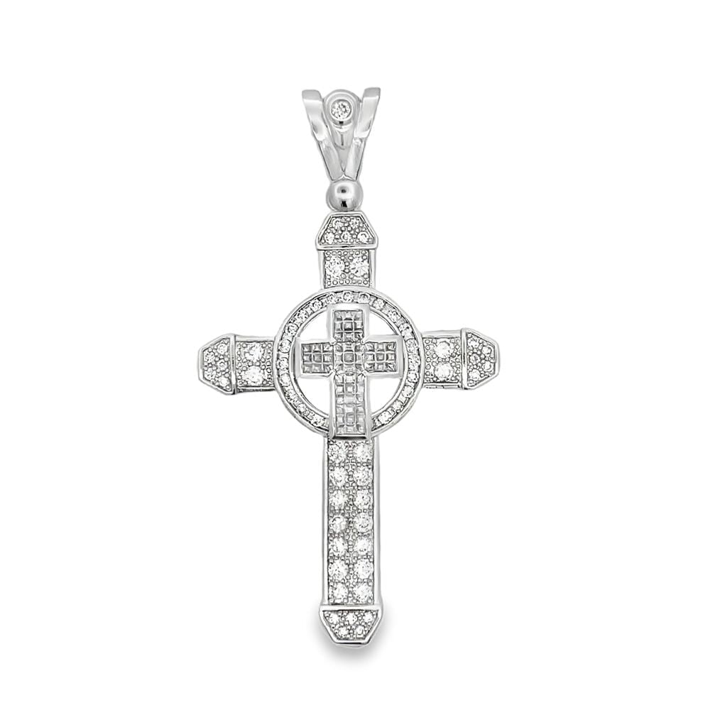 Double Circle Cross CZ Iced Out Pendant