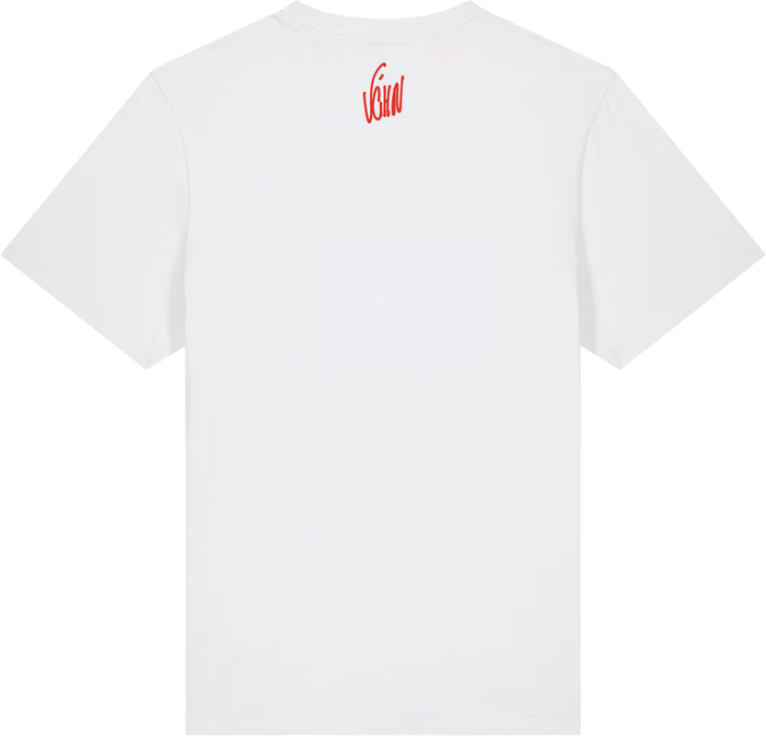 White t-shirt with a red logo on the back against a white background