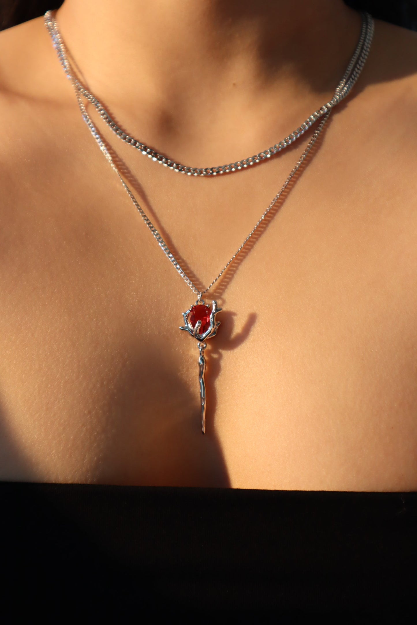 Palladium White Gold Plated Red Rose Layer Necklace