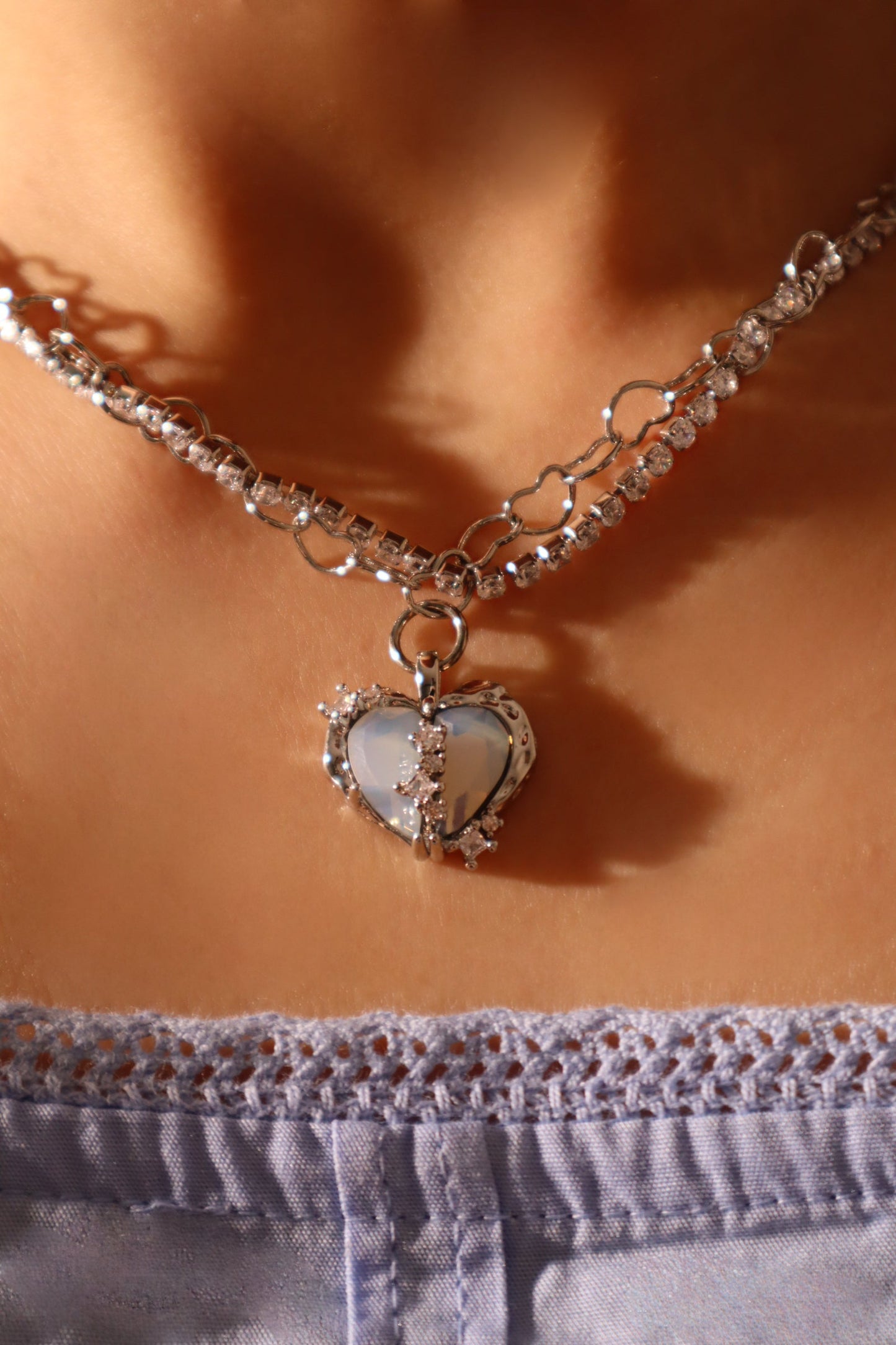 Palladium White Gold Plated Blue Opal Heart Necklace